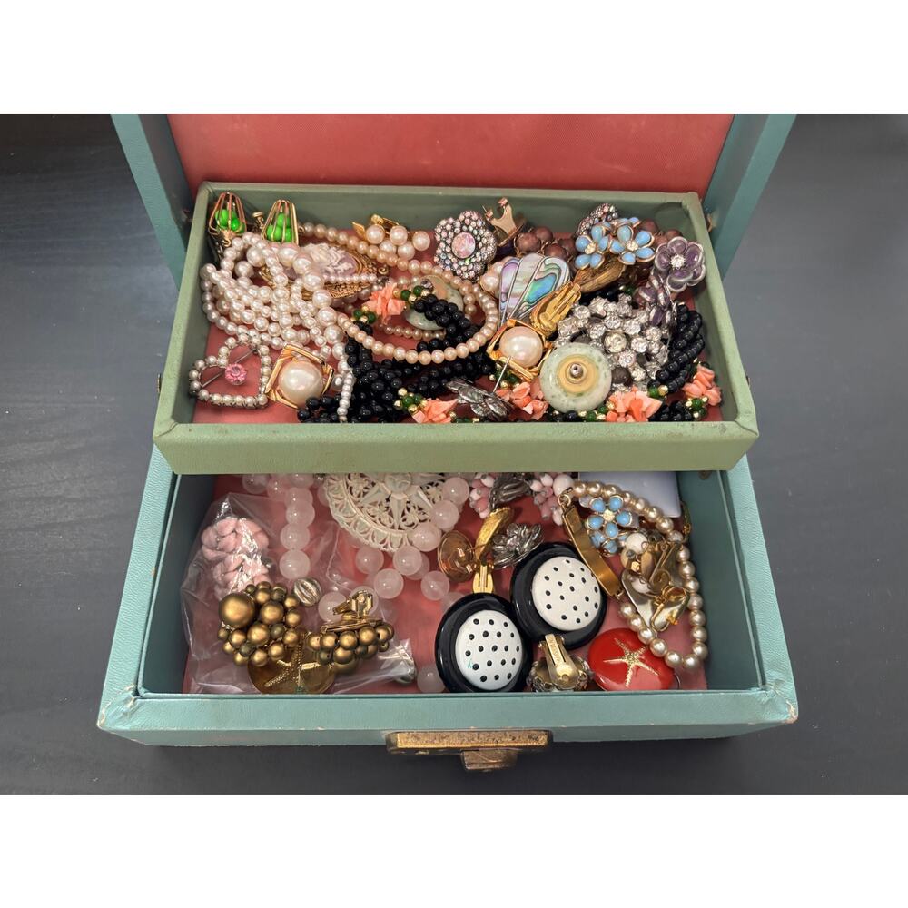 Vintage Jevelry Box & Vintage Costume Jewelry Earrings Necklaces Lot Bundle